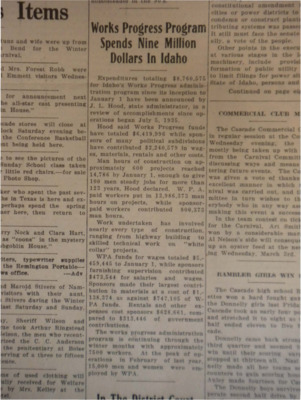 Article about the expenditures of the WPA in Idaho, including how many people get paid, how much and for how long.