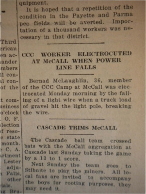 Announcement about the power line electrocution and death of CCC worker Bernard McLaughlin.