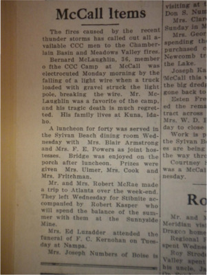 Collection of McCall announcements, including news about recent fires, the electrocution of a CCC worker, a luncheon, a weekend trip to Atlanta and a funeral.