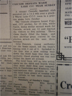 Recap of a baseball game between Cascade and the Warm Lake CCC team, in which Cascade won, 14-2.