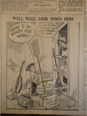 Political cartoon depicting the year 1940 as a child who brings new elements to Mrs. America such as progress and peace, foreign-'ism' cleaner, business expansion and aids for government economy.