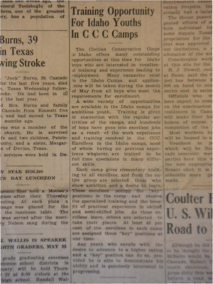 Article urging Idaho youths to enroll with the CCC for good experience.
