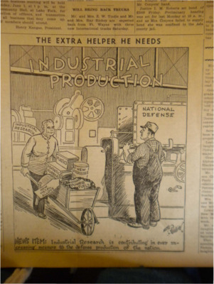 Political cartoon depicting plastics, new processes, high power fuels, new metal alloys and synthetic rubber being pushed by industrial research into national defense.