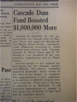 Announcement that the United State Senate appropriated another $1,000,000 to the construction of the Cascade dam.