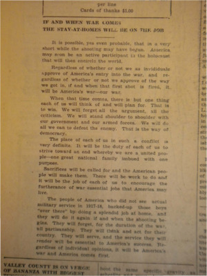 Editorial opinion piece accurately predicting that more people will need to work in order for the United States to win the war.