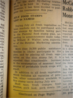 Announcement that fresh vegetables, shell eggs, oranges, peaches, pork lard, pork meats, corn meal, grits, dry edible beans, prunes, wheat and whole wheat flour and raisins can be purchased with blue food stamps throughout July.