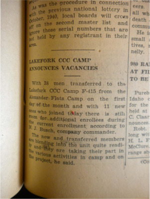 Lakefork CCC Camp Announces Vacancies