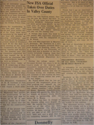 Article about the retirement of former FSA official R.M. Keyes and his quick replacement by Maurice V. Sorenson, a farm-devoted University of Idaho graduate.