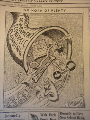 Political cartoon depicting a horn labelled 'government economic planning' sucking in several ideas and entities, including 'class hatred,' 'red tape,' 'regimentation,' 'loss of freedom,' 'censorship' and 'bureaucracy.'