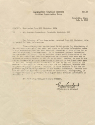 Document with information about the termination of CCC in Ninth Corps Area