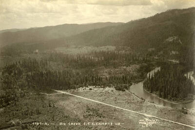 Aerial view of Big Creek CCC Camp. Writing on the photo reads: 'Big Creek CCC Camp F-110 Air photo by Leo Big Creek Camp'.
