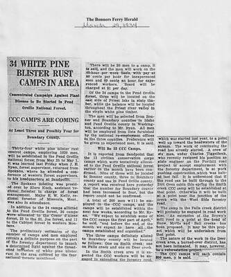 Bonners Ferry Herald article of March 29, 1934, announcing the assignment of 1,020 CCC enrollees to 34 blister rust camps on the Pend Oreille Forest in Idaho, as well as 36 on the Coeur d'Alene and 32 on the St. Joe forests in Idaho and 13 on the Cabinet forest in western Montana.