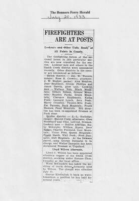 This news articles published in The Bonners Ferry Herald on July 20, 1933 names men assigned fire lookouts for summer 1933.