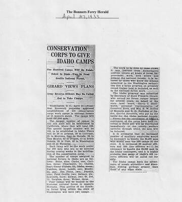 This news article published in The Bonners Ferry Herald describes in detail the number of camps assigned to Idaho and the Northwest, including where they were to be located. It also describes procedure of enrollment for the Idaho contingent of CCC enrollees.