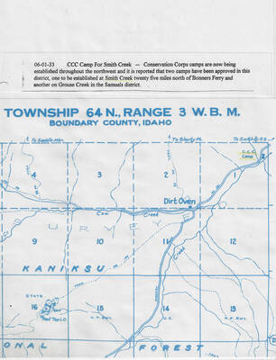 Map of Boundary County Township 64, Range 3 W.B.M., Boundary County, with caption: '06-01-33 CCC Camp For Smith Creek' describing establishment of Smith Creek and Grouse Creek camps.