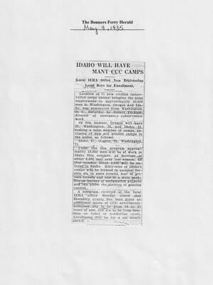Newspaper article published in the Bonners Ferry Herald, May 9, 1935, announcing number of CCC camps to be established in Idaho, Washington and Oregon: Idaho 87; Oregon 73; Washington 71.