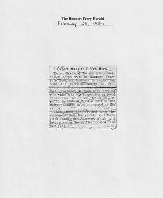 Newspaper article in The Bonners Ferry Herald, February 28, 1935, noting that two CCC officers were visiting in advance of eight camps to be reestablished in the Bonners Ferry area. The representatives were inspecting local dairies as suppliers to the camps.