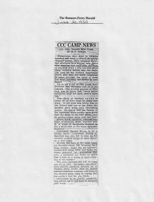 Weekly column published on June 20, 1935, in The Bonners Ferry Herald reporting on camp activities, including fire fighters training and visitors.