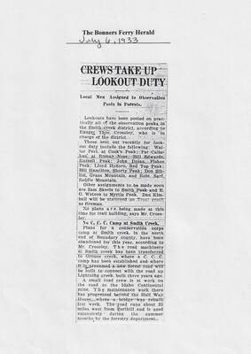 Describes local men being assigned to lookouts in the Smith Creek district and states that plans for a CCC camp at Smith's Creek have been abandoned for 1933 and equipment transferred to Grouse Creek CCC camp