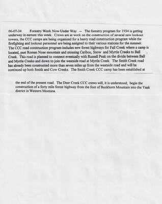Short report, written in journalistic style, reporting on CCC crews at work building lookouts, organized for road construction, and being assigned for the firefighting season.  Reports on road building projects.