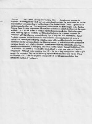 USFS Crews Develop New Camping Sites - Development work on the Robinson Lake campground??' December 12, 1940. Typewritten description of CCC and ERA built campground in Boundary County.
