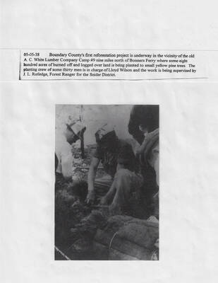 Photograph and caption, reforestation project near A. C. White Lumber Company land, nine miles north of Bonners Ferry, May 5, 1938.