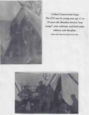 These two images are accompanied by a caption labeling them related to the CCC. The men in the upper image are not regular CCC enrollees but could be LEMS or other CCC hirees. The bottom picture shows a mix of young and older men.