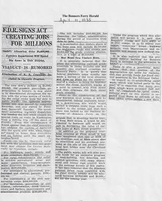 newspaper article published in the Bonners Ferry Herald, April 11, 1935, describing allocation of $8 million for jobs and public works funding in Idaho, including funding for 10 CCC camps in Boundary County, as part of  $4.5 billion spending bill.