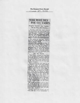 Newspaper article of June 27, 1935 published in The Bonners Ferry Herald, reporting on the hiring of local experienced men (LEMS) for various jobs requiring experience, including qualifications.