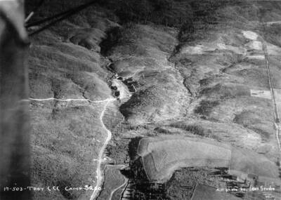 Aerial camp view of Camp Troy, S-260. Writing on the photo reads: '17-503- Troy CCC Camp S-260 Air photo by Leo's Studio'.