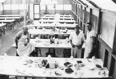 Three of the Camp cooks in the mess hall at Weippe, Bovill. Writing on the back of the photo reads: 'Dick Murphy-1936 (?) 25-09-044 Cook for CCC - Weippe, Bovill. Donated by Terry Peterson.