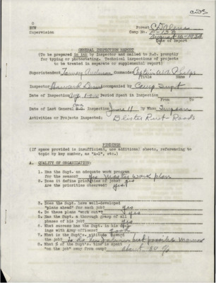 A variety of inspection reports from 1934-1935 for Beaver Creek CCC Camp, F-133.