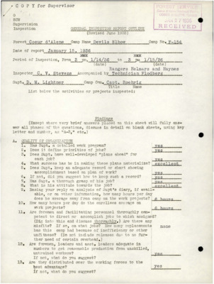 A variety of inspection reports and correspondence, regarding those reports, from 1937 for Devil's Elbow CCC Camp, F-154.
