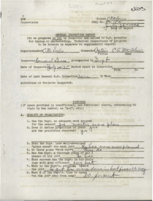 Two inspection reports, one each from 1934 and 1935 respectively, for Hawk Ranger Station CCC Camp, F-150.