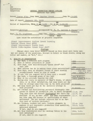 A variety of inspection reports and correspondence, regarding those reports, from 1938 for Hayden Creek CCC Camp, F-180.