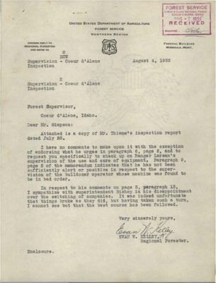 A variety of inspection reports, memos, and correspondence, regarding those reports, from 1933-1938 for CCC Camps: Coeur d'Alene (Magee), F-22; (Big Creek Camp), F-16; F-15; F-24; F-27; F-28; F-29; F-30; Big Creek #1, F-131; Magee, F-134; Deception Creek, F-137; Pine Flats, F-151; Rock City, F-153; Nowhere, F-155; Horseheaven, F-156; Hayden Creek, F-180; Wolf Lodge, F-182; Jordan Creek, F-181; Beaver Creek, F-133; Big Creek #2, F-132; and Devil's Elbow, F-154. Note that F-22 and F-24 were 'negro camps'. Also, a large portion of this document is made of truck inspections with no correlation to a camp number.