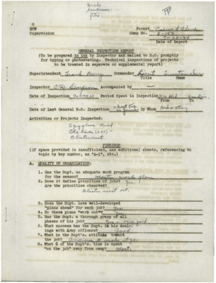 Three inspection reports and a letter of correspondence from 1934 and 1935 for Rock City CCC Camp, F-153.
