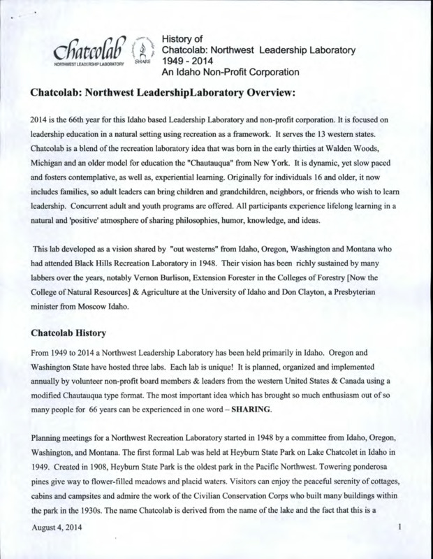 A presentation on the history of Chatcholab, its principles, and what recreational leadership camps have become.