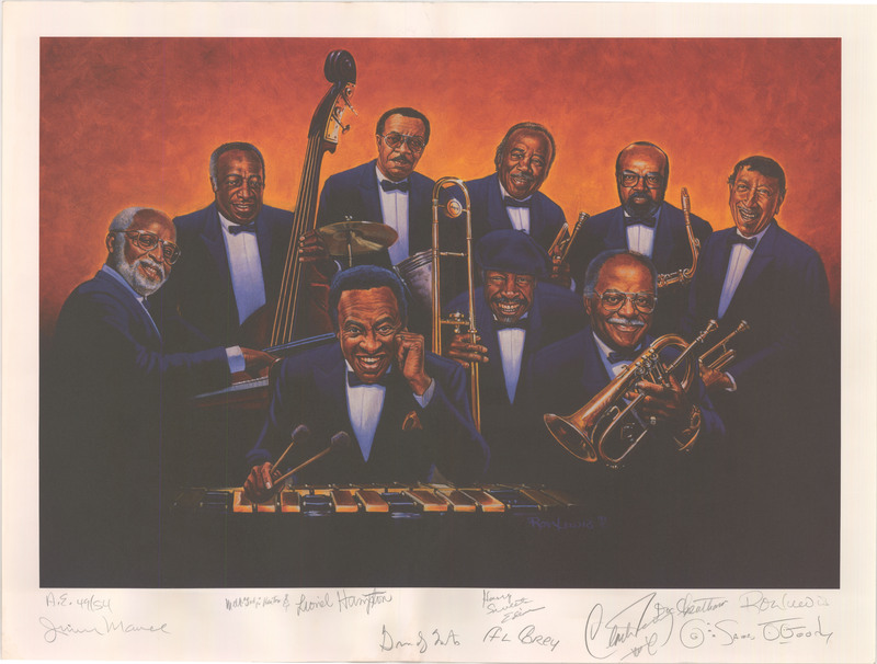 Poster art lithograph of jazz musicians painted by Ron Lewis with a white border. Lionel Hampton (1908-2002), Al Grey (1925-2000), Milt Hinton (1910-2000), Harry "Sweets" Edison (1915-1999), Doc Cheatham (1905-1997), and James Moody (1925-2010) with their instruments are depicted in bright colors. The bottom border of the poster has "A.E. 49/54" and signatures from Lewis, as well as the nine musicians, written in grey pencil.