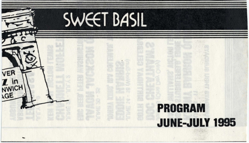 Sweet Basil jazz club program excerpt with details about Doc Cheatham's 90th birthday party. Cheatham regularly performed at Sunday brunches there for 17 years with his quartet, which consisted of himself, pianist Chuck Folds (1938-2022), bassist Earl May (1927-2008), and drummer Jackie Williams (1933-). There are two pages front and back. There is information about June 6-11 performances by Kenny Barron Quintet, the Tuesday June 13 Doc Cheatham's 90th Birthday Celebration, June 14-18 with Eddie Harris, June 20-25 with the Javon Jackson Quartet, June 27-July 2 with the Charnett Moffett Trio, and July 4-9 with the Terumasa Hino Quartet. The birthday celebration had an invitation-only reception and performances with Doc's quartet at 8 PM and 10 PM, with a $15 music charge.