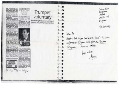 Scanned book review from Martin Gayford of the Sunday Telegraph of Doc's Autobiography I Guess I'll Get the Papers and Go Home with a note from the book's editor, Alyn Shipton (1953- ). Gayford notes "Doc's tranquil and serene temperament" and claims this memoir and discography "will interest anyone who loves that period and style." A 1952 portrait of Cheatham is included. Shipton writes in pen on the right page "Good to talk to you last week. Here's the first major review of your book from the Sunday Telegraph. More to follow." The note was sent from Oxford, England, where Shipton resides.