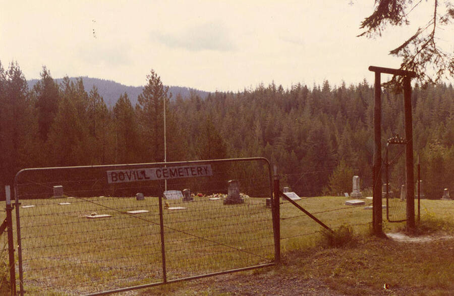 Bovill Cemetery gate and headstones with trees in the distance.