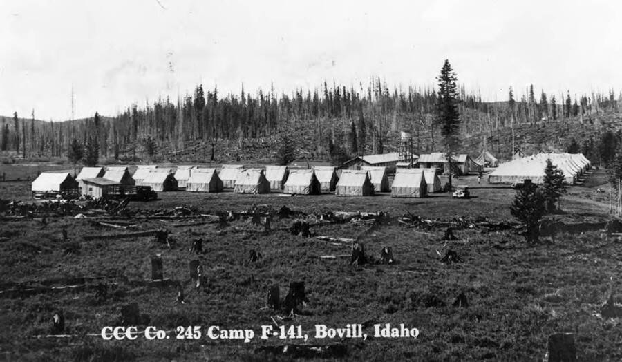The Civilian Conservation Corp CO.245, CAMP F141, with trees in the distant.