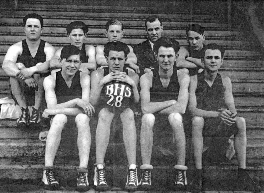 The Bovill High School basketball team.  (left to right) back row: Junior Crystal, Earl Alden, Tomie Groh, Mu Click (coach) Kenneth Bolls front row: Lee Witty, Glen Tarbox, Robert Waldron, Muriel Hays The team lost only 1 game all season.