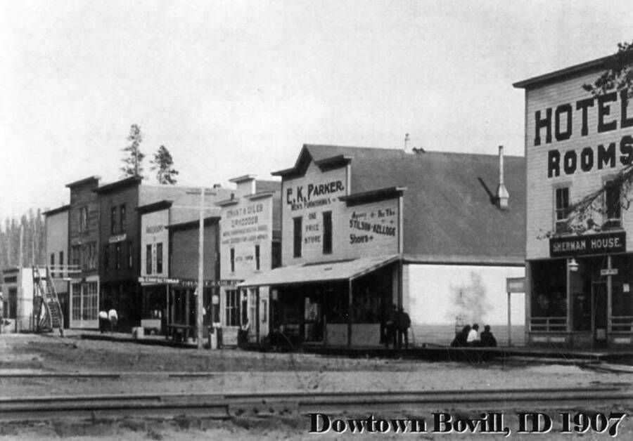 A view of downtown Bovill on Main Street, including a hotel and a block of stores.