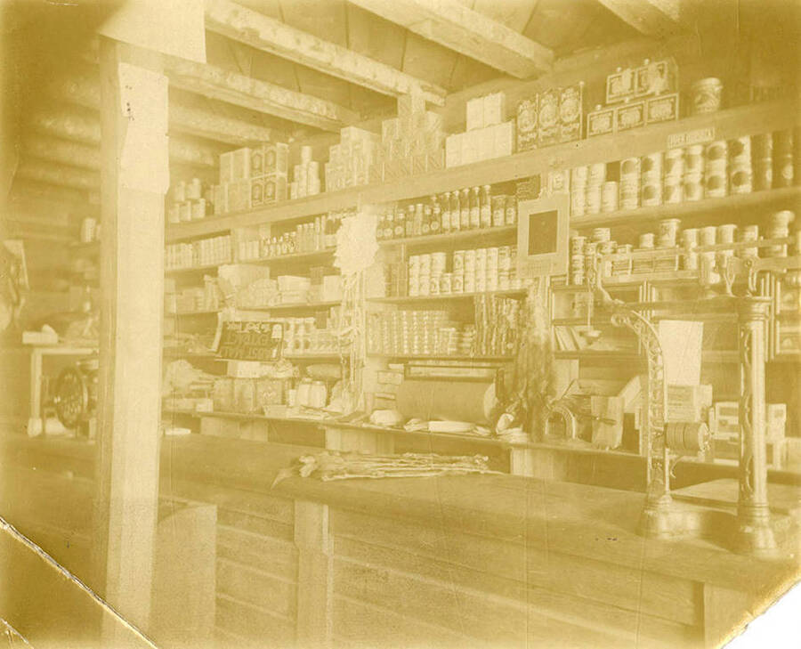 Interior of the Bovill Store with goods stocked behind the counter.