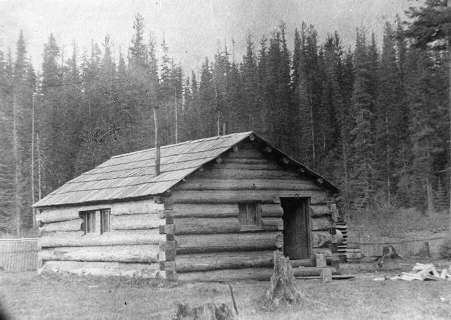 Hobb's Cabin on Little Meadow, surrounded by trees.