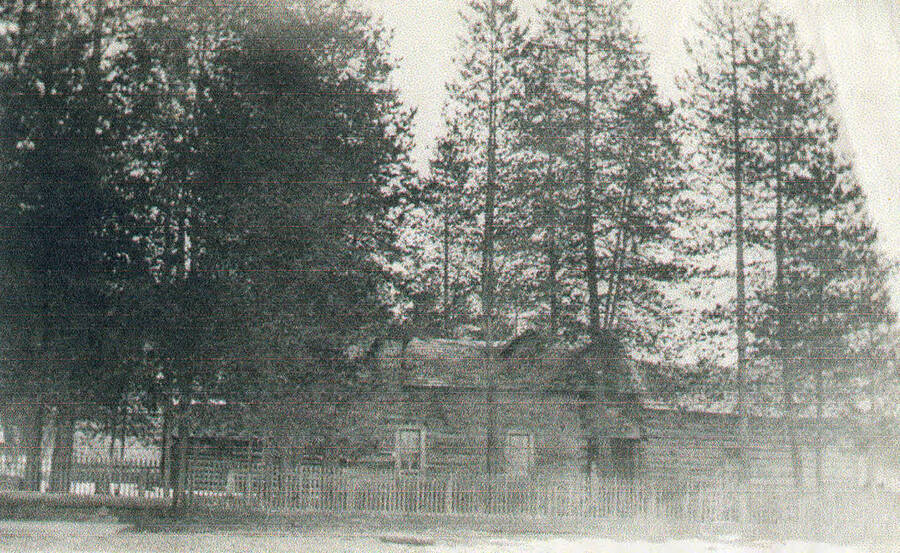 The Warren Cabin surrounded by trees.