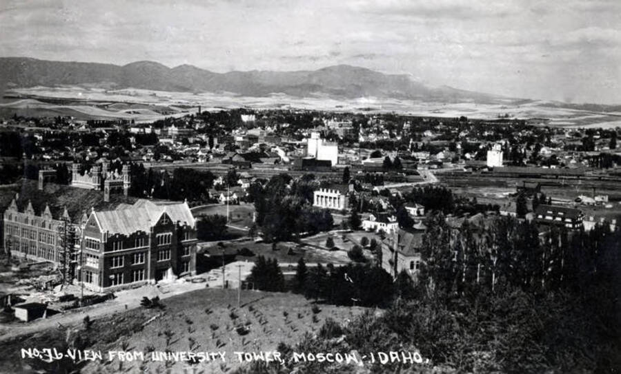 Postcard. Caption reads 'No. 76 View from University Tower, Moscow, Idaho