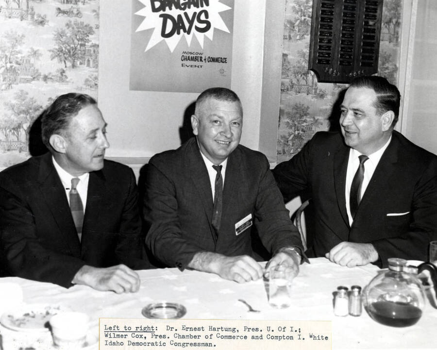Chamber of Commerce. L to r: Dr. Ernest W. Hartung, Wilmer Cox, Compton I. White. Moscow, Idaho.